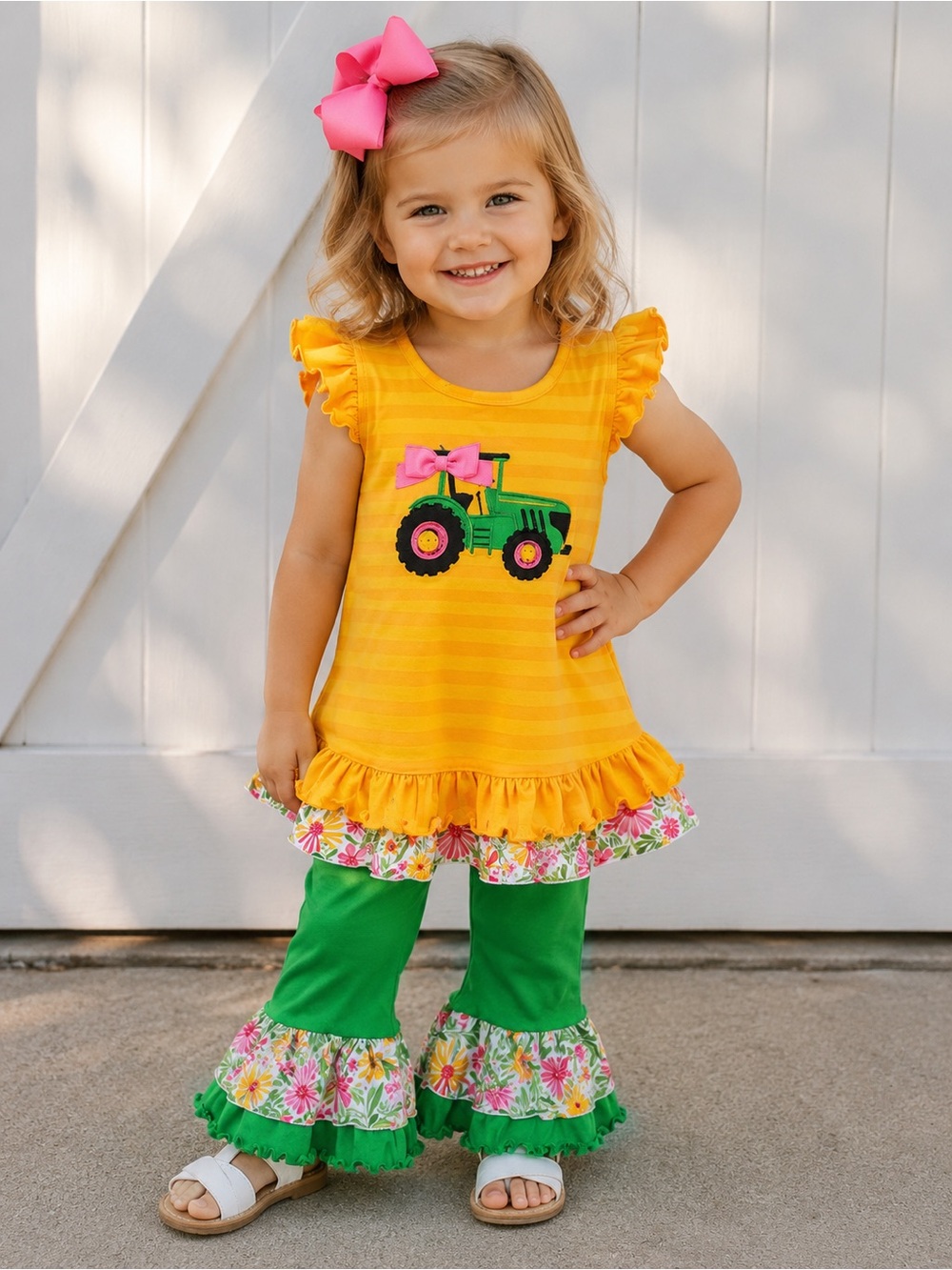 Ricrac and Ruffles - Girls Yellow & Green Tractor Ruffle Matching Set